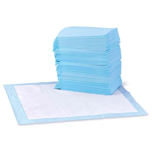 Amazon Basics Dog and Puppy Pee Pads with Leak-Proof Quick-Dry Design for Potty Training, Standard Absorbency, Regular Size, 22 x 22 Inches, Pack of 100, Blue & White