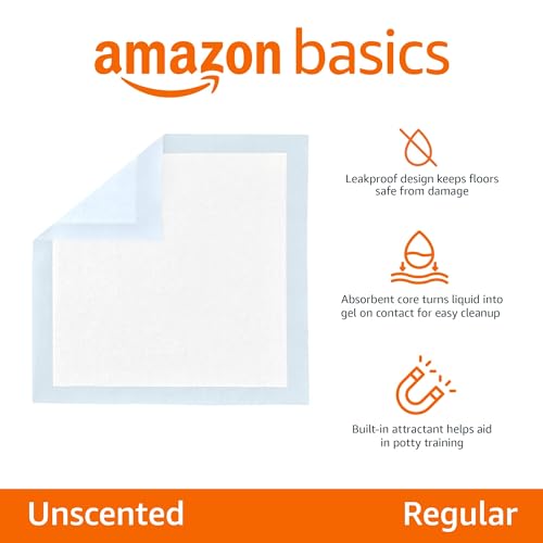 Amazon Basics Dog and Puppy Pee Pads with Leak-Proof Quick-Dry Design for Potty Training, Standard Absorbency, Regular Size, 22 x 22 Inches, Pack of 100, Blue & White