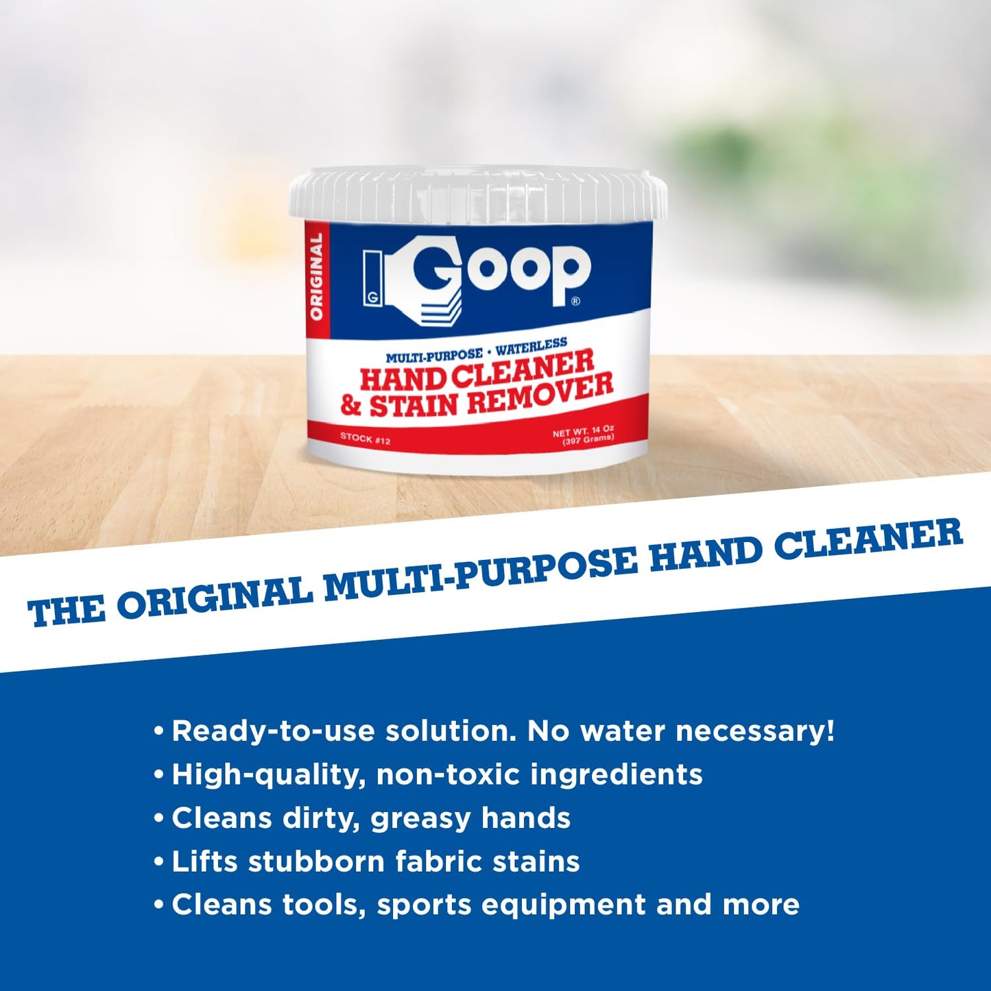 Goop Multi-Purpose Hand Cleaner- Waterless Hand Degreaser, Laundry Stain Remover - NonToxic and Biodegradable Cleaner Remove Dirt, Oil, Paint, Ink, and Clothes Stains Original, 14oz Pack of 1