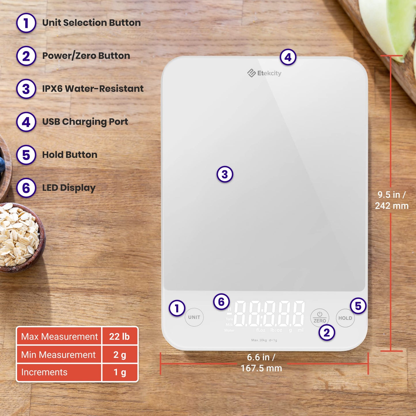 Etekcity Food Kitchen Scale, 22lb Digital Weight Scale Grams and Ounces Rechargeable Waterproof Tool for Weight Loss, Cooking, Baking, Meat, Bread, Large 0.05oz/1g Accuracy